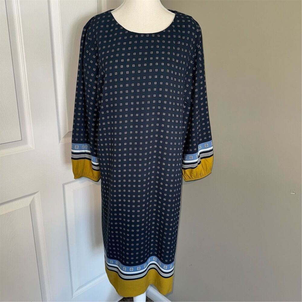 Ann Taylor Women's Navy‎ Blue Geometric Print Bishop Sleeve Midi Shift Dress 18
